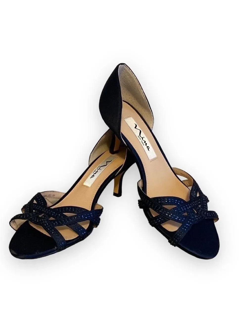 Nina Navy Cissy Crystal Embellished Peep Toe Pump Size 5.5